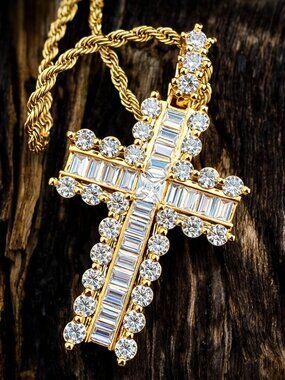 Baguette and Round Stone Cross Necklace